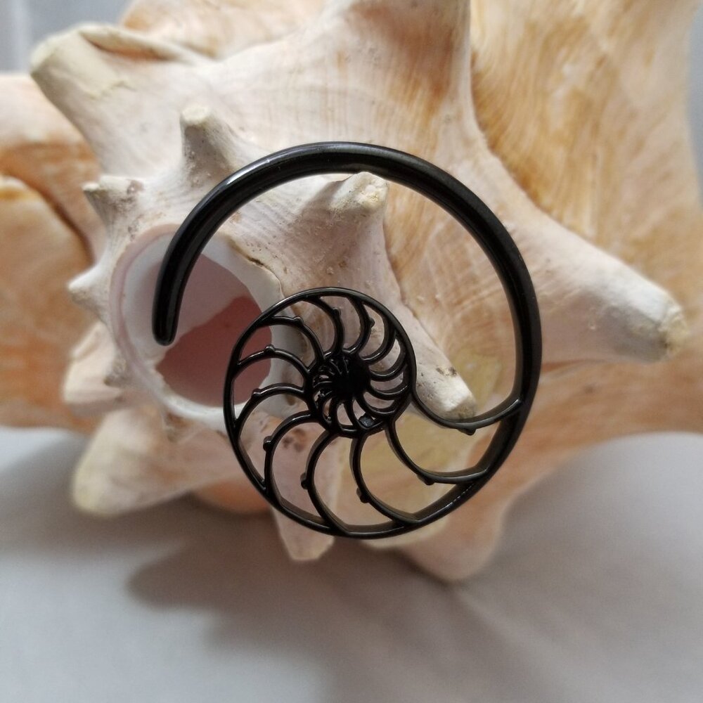 Elegant Black plated steel hangers with Spiral Shell Design 6G Gauge - pair NWT - Picture 2 of 2